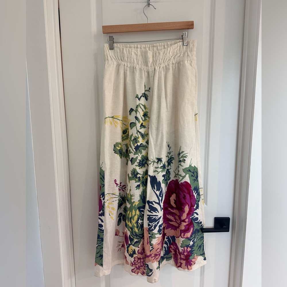 Anthropologie Cream Wide-Leg Pants with Pink & Green Floral Print